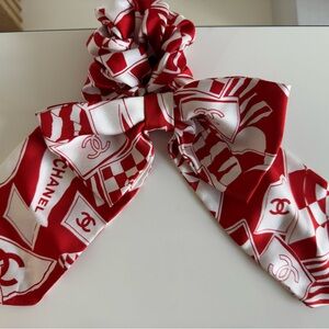 Authentic Chanel Red/White CC Logo Silk Bow Scrunchie - Pristine